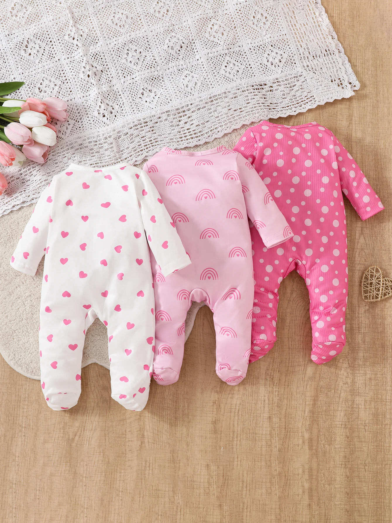 Infant Girls' Four-Season Lightweight Sweet Style Baby Comfortable Round Neck Long-Sleeve Footed Geometric Pattern Three-Piece S thumbnail 2