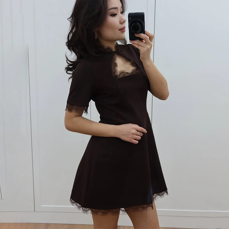 TARUXY Sexy Lace Spliced ​​Stand Collar Dress Women Summer Solid Slim High Waist Short Sleeves Leisure Dress Female Party Dress thumbnail 5