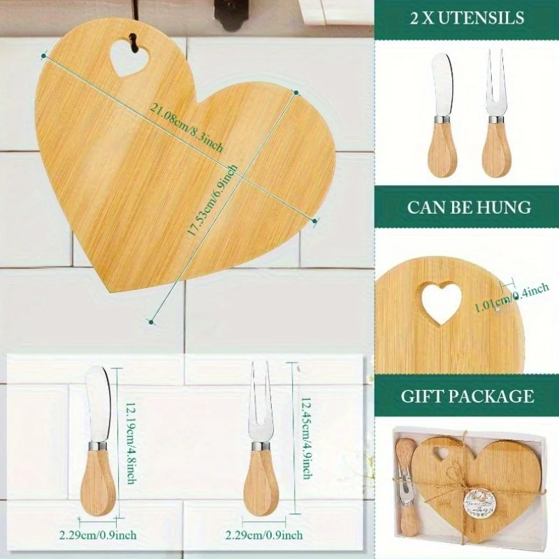 1 Set Favor Heart Cheese Board - Mini Charcuterie Board with Wooden Cheese Knives, Perfect for Bridal Showers, Weddings thumbnail 3
