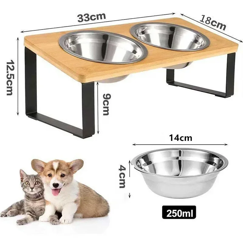 Elevated Cat Bowl Wooden 15° Tilted Raised Pet Bowl Stand with 2/3 Stainless Steel Bowl Neck Protection Dog Feeder Pet Supplies thumbnail 2