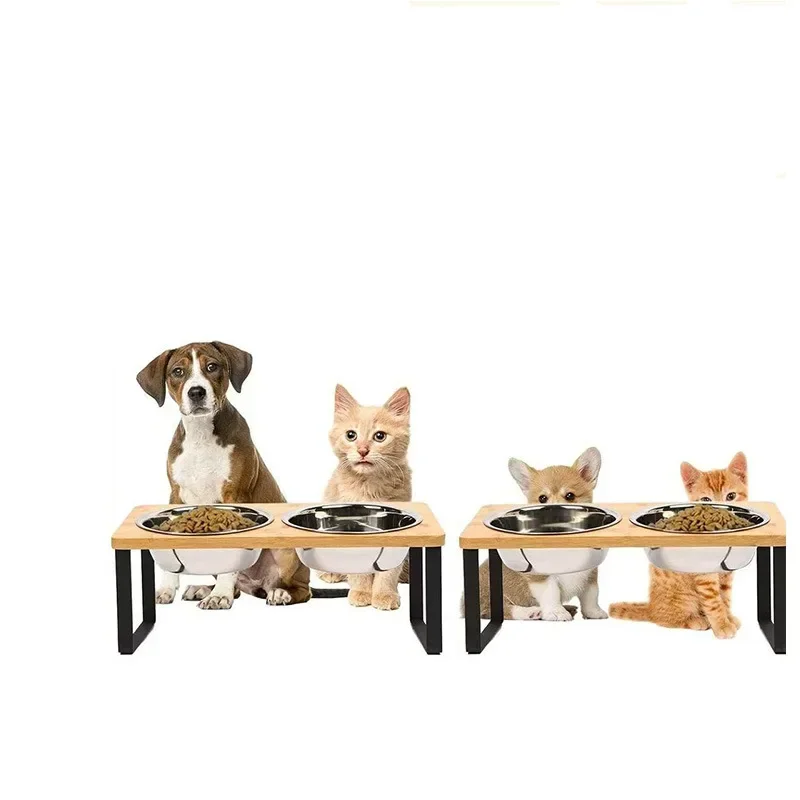 Elevated Cat Bowl Wooden 15° Tilted Raised Pet Bowl Stand with 2/3 Stainless Steel Bowl Neck Protection Dog Feeder Pet Supplies thumbnail 3