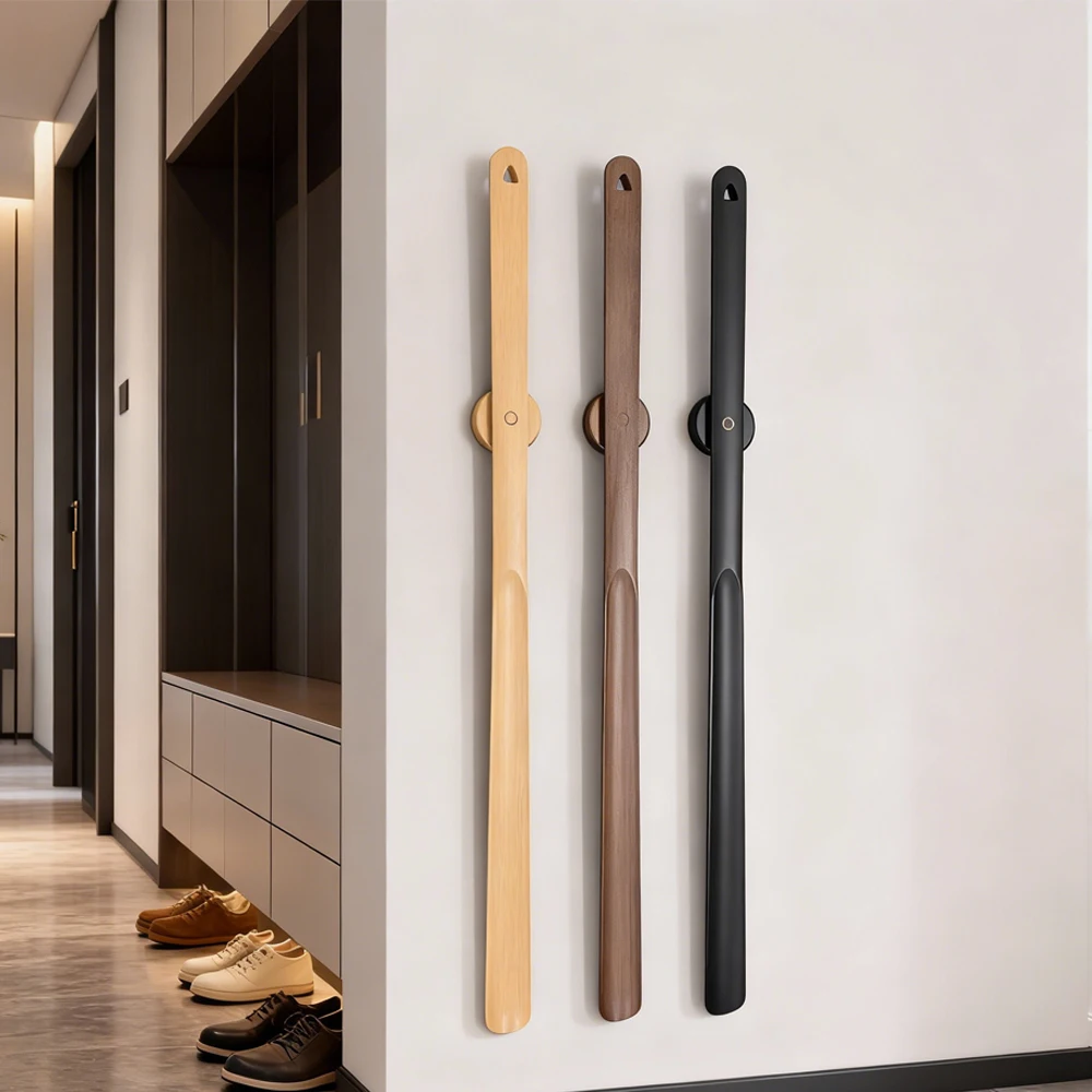 3 Colors Optional 75cm Extended Beech Wood Shoe Horn Magnetic Wall Storage Long Handle, No-Bend Home Shoe Puller for All Seasons
