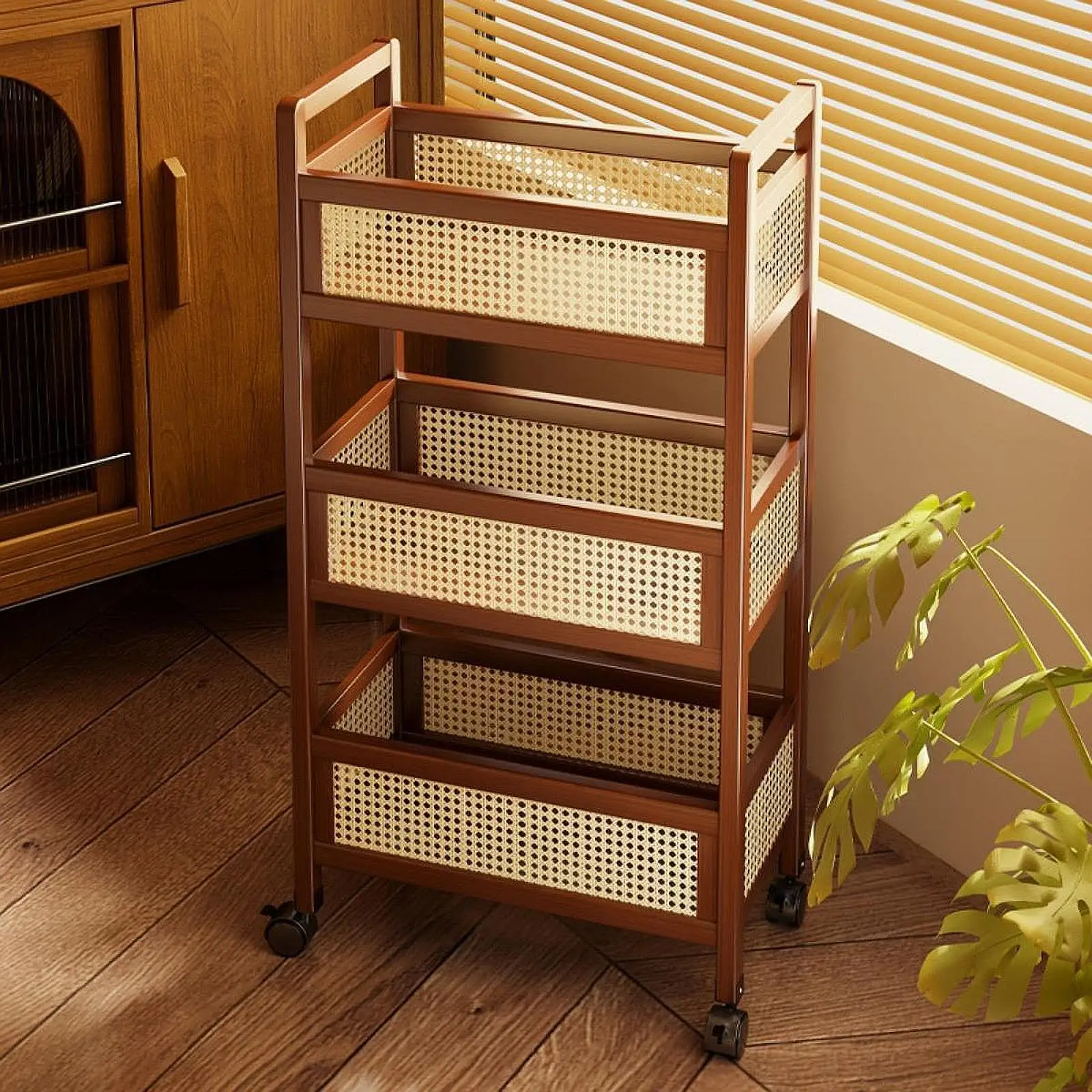 Wooden 3 Tier Rolling Utility Cart with Baskets Quick Installation for Home Office Versatile with Wheels 50x26x93cm Mobile Cart thumbnail 4