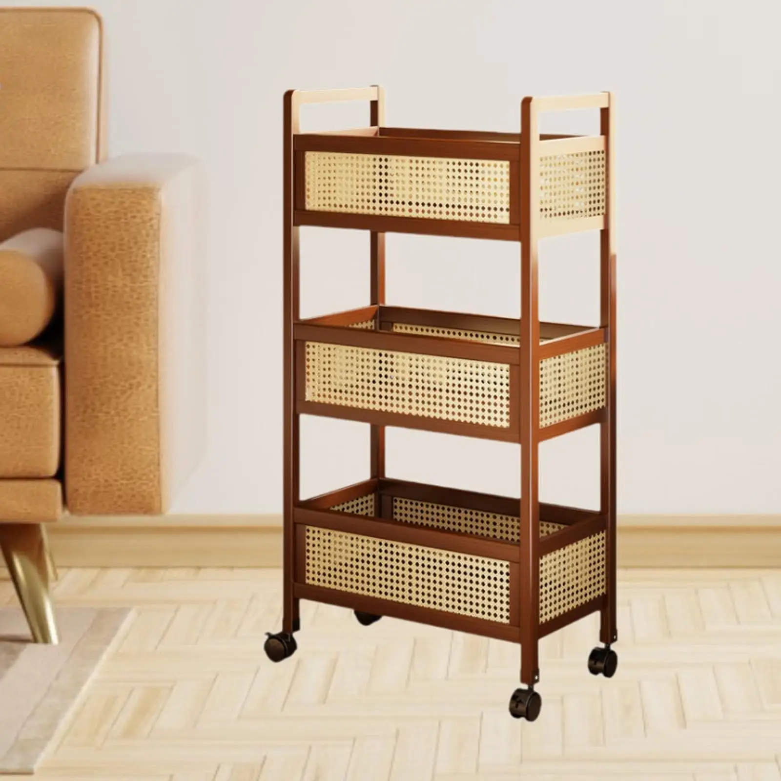 Wooden 3 Tier Rolling Utility Cart with Baskets Quick Installation for Home Office Versatile with Wheels 50x26x93cm Mobile Cart thumbnail 2