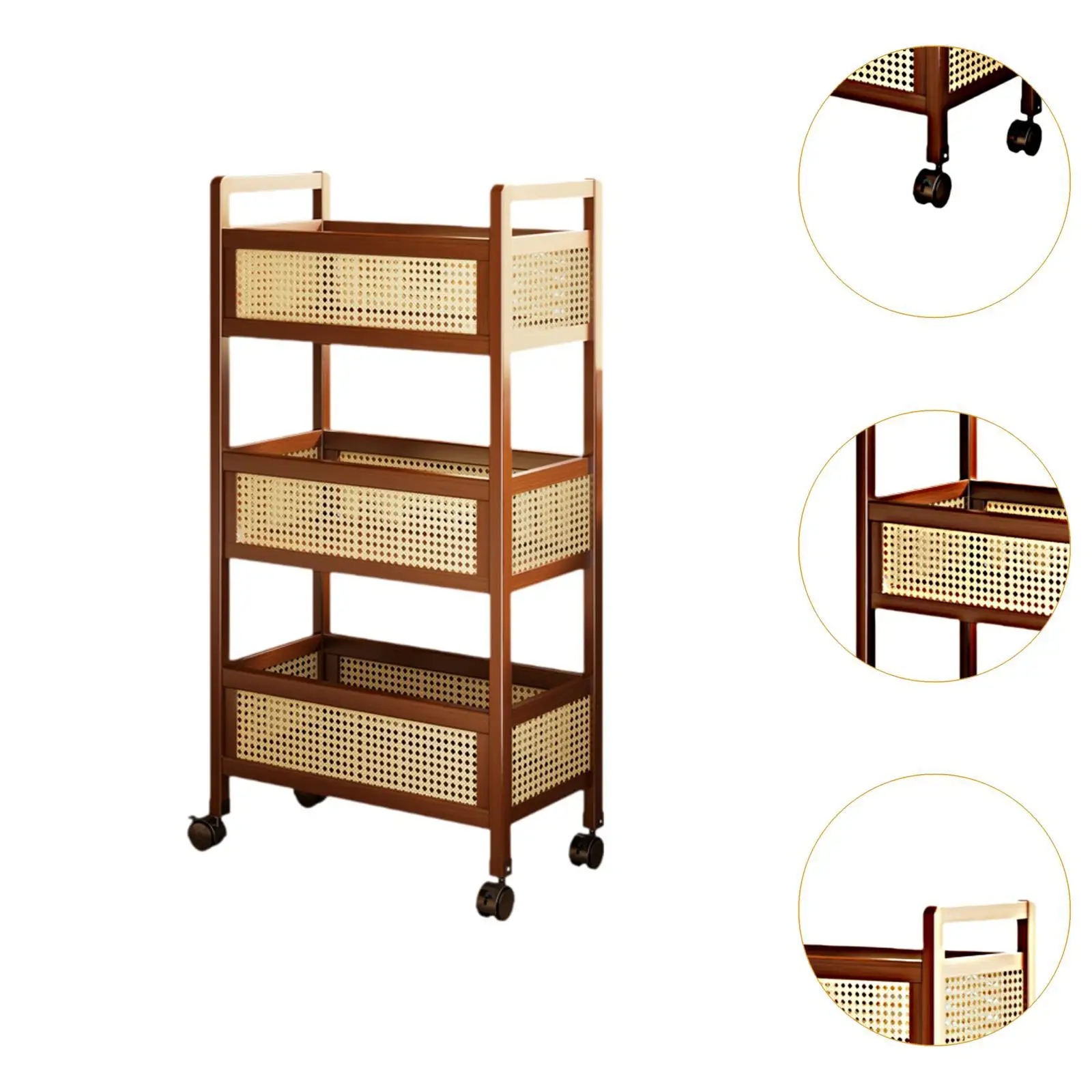 Wooden 3 Tier Rolling Utility Cart with Baskets Quick Installation for Home Office Versatile with Wheels 50x26x93cm Mobile Cart thumbnail 5