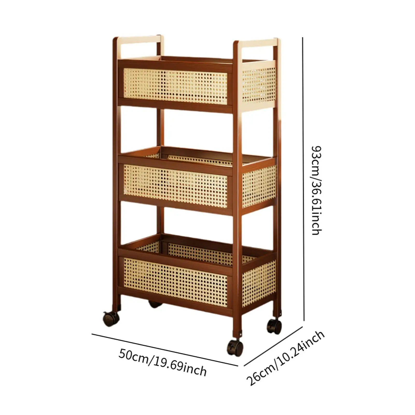Wooden 3 Tier Rolling Utility Cart with Baskets Quick Installation for Home Office Versatile with Wheels 50x26x93cm Mobile Cart thumbnail 6