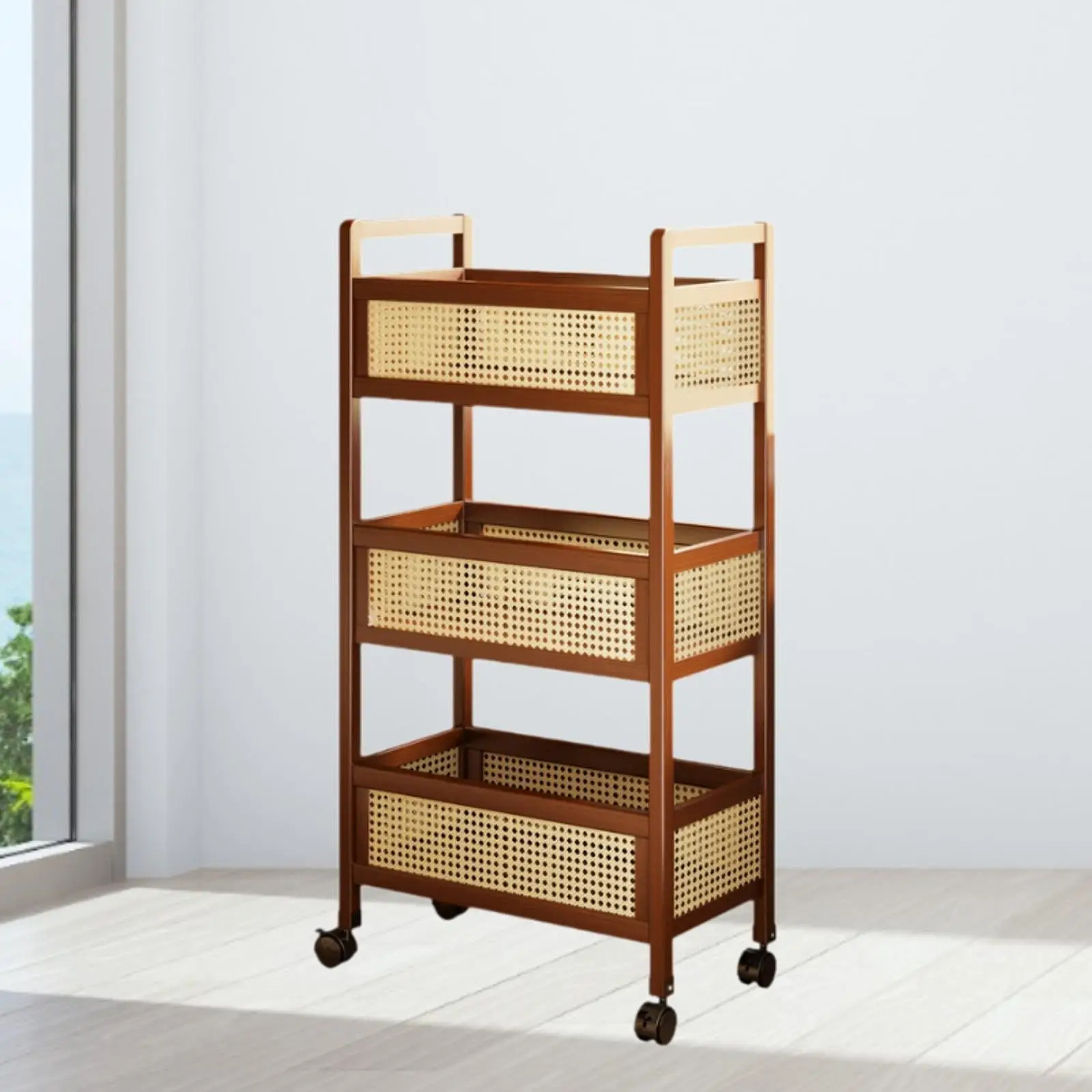Wooden 3 Tier Rolling Utility Cart with Baskets Quick Installation for Home Office Versatile with Wheels 50x26x93cm Mobile Cart thumbnail 3