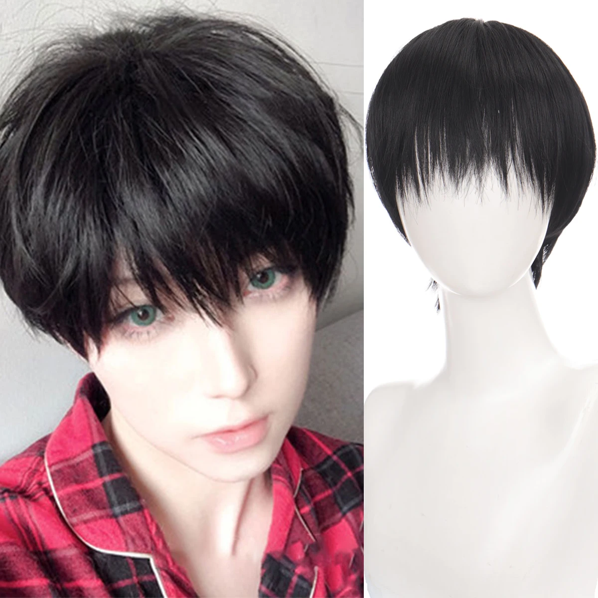 Short hair synthetic men's role-playing wig heat-resistant fireworks perm short curly hair natural black daily wig