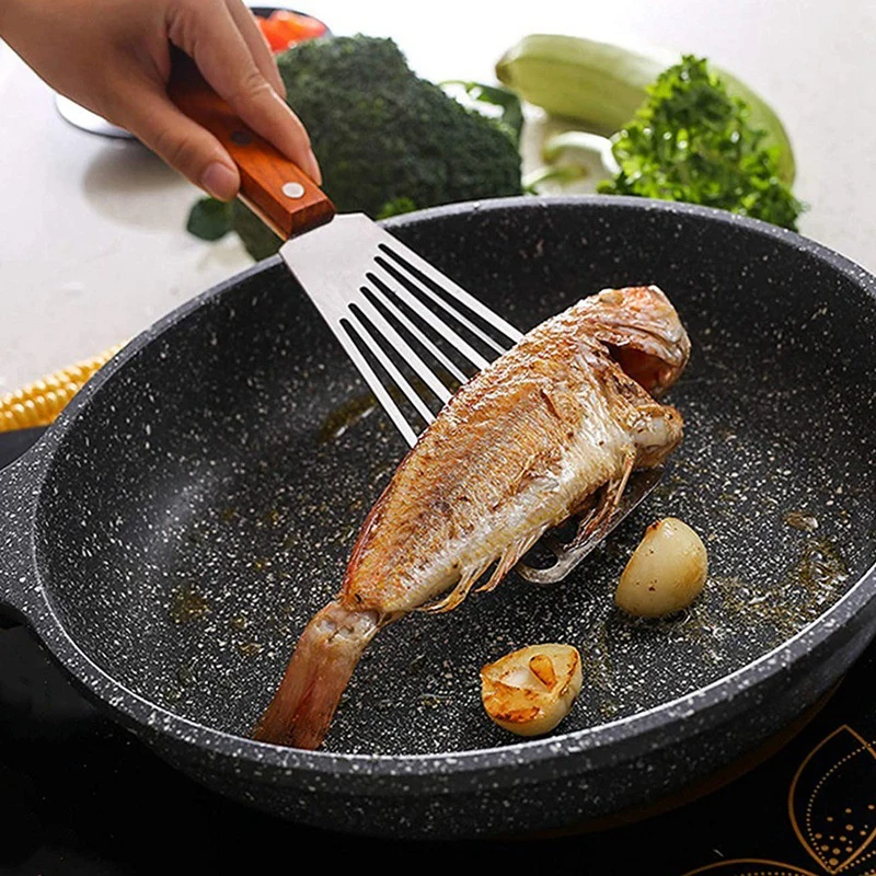 Fish Spatula Stainless Steel with Wooden Handle, Fan-Shaped High Heat Resistant Kitchen Turner for Frying thumbnail 4