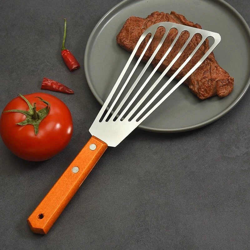 Fish Spatula Stainless Steel with Wooden Handle, Fan-Shaped High Heat Resistant Kitchen Turner for Frying thumbnail 3