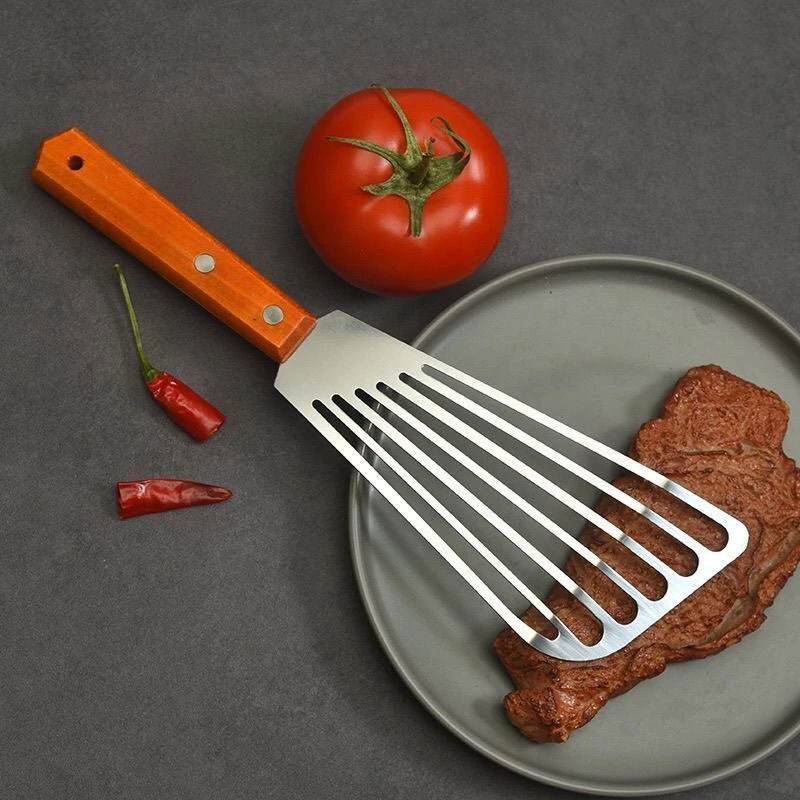 Fish Spatula Stainless Steel with Wooden Handle, Fan-Shaped High Heat Resistant Kitchen Turner for Frying thumbnail 2