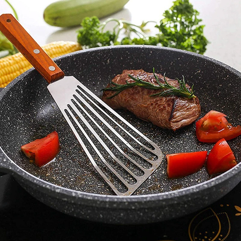 Fish Spatula Stainless Steel with Wooden Handle, Fan-Shaped High Heat Resistant Kitchen Turner for Frying thumbnail 5