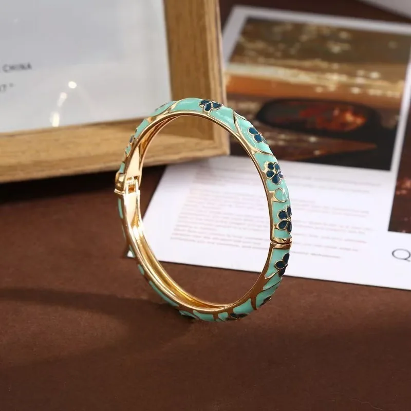 Colorful Enamel Floral Bangle Bracelet Retro Gold-Tone Open Cuff, Elegant Dainty Jewelry For Women Gifts thumbnail 6