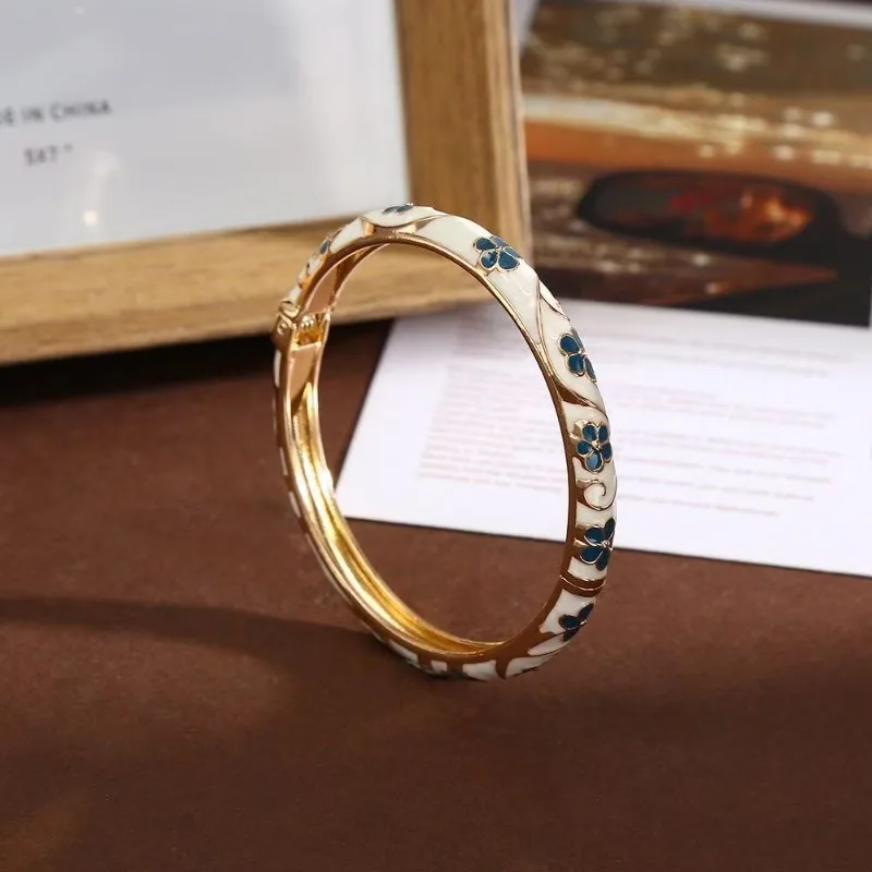 Colorful Enamel Floral Bangle Bracelet Retro Gold-Tone Open Cuff, Elegant Dainty Jewelry For Women Gifts thumbnail 2