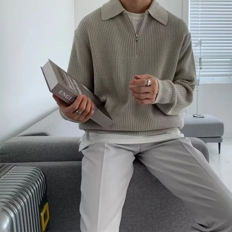 Men's Polo Neck Sweater Winter Thickened Loose Half Zip Knitted Autumn Winter Lazy Japanese Style Vintage Trendy Outerwear thumbnail 4