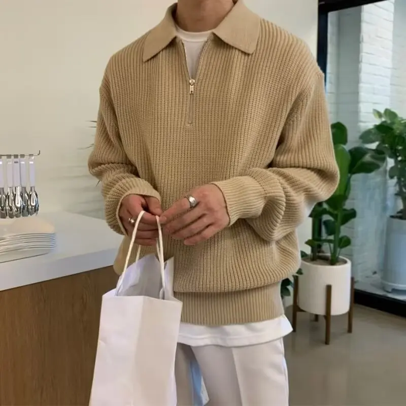 Men's Polo Neck Sweater Winter Thickened Loose Half Zip Knitted Autumn Winter Lazy Japanese Style Vintage Trendy Outerwear thumbnail 2
