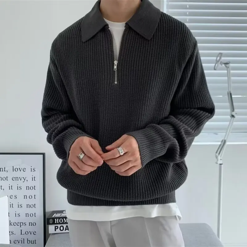 Men's Polo Neck Sweater Winter Thickened Loose Half Zip Knitted Autumn Winter Lazy Japanese Style Vintage Trendy Outerwear thumbnail 3