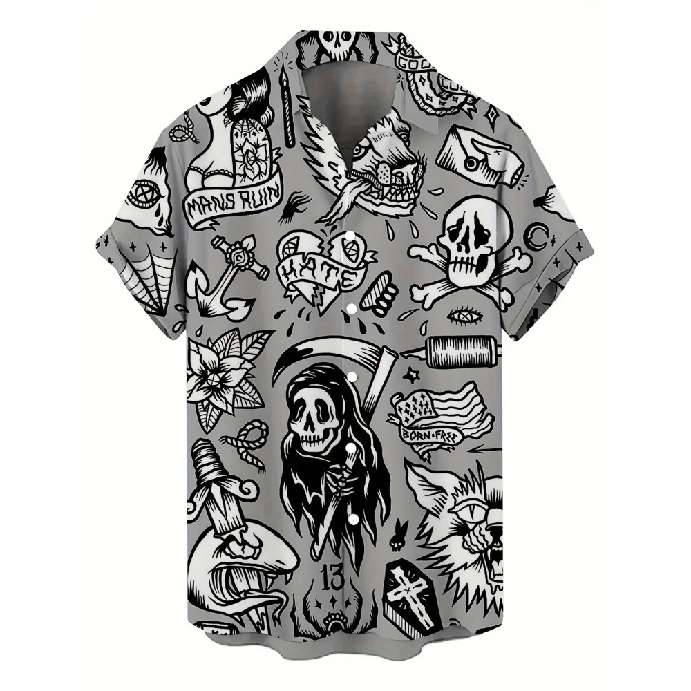 Skull 3D Printed Men's Hawaiian Shirt Street Gothic Style Trendy Vintage Lapel Tops Summer Y2K Casual Short Sleeve Beach Shirt thumbnail 4