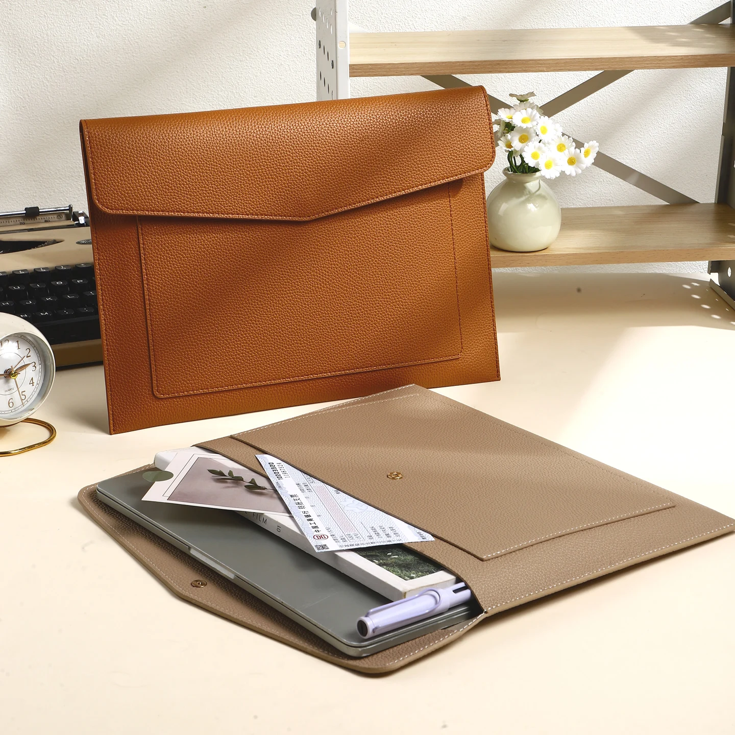 1Pc 13.4 Inch Heavy PU Leather A4 File Bag Stationery - Fashionable Office Supplies for Office & School Organization thumbnail 3