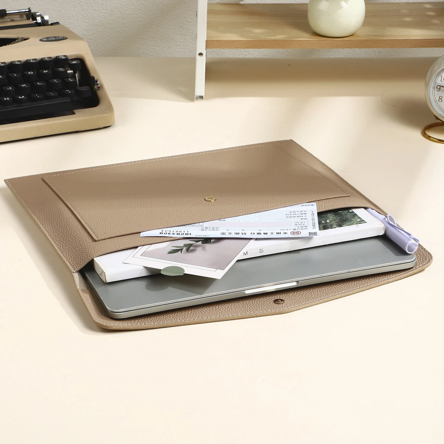 1Pc 13.4 Inch Heavy PU Leather A4 File Bag Stationery - Fashionable Office Supplies for Office & School Organization thumbnail 5