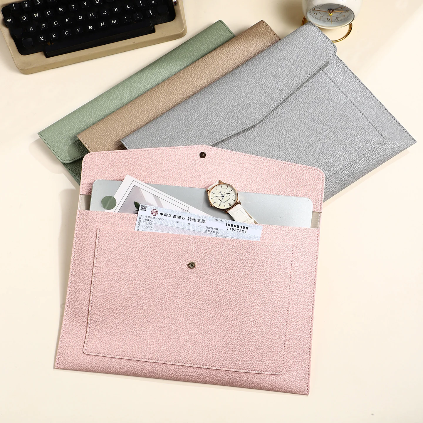 1Pc 13.4 Inch Heavy PU Leather A4 File Bag Stationery - Fashionable Office Supplies for Office & School Organization thumbnail 2