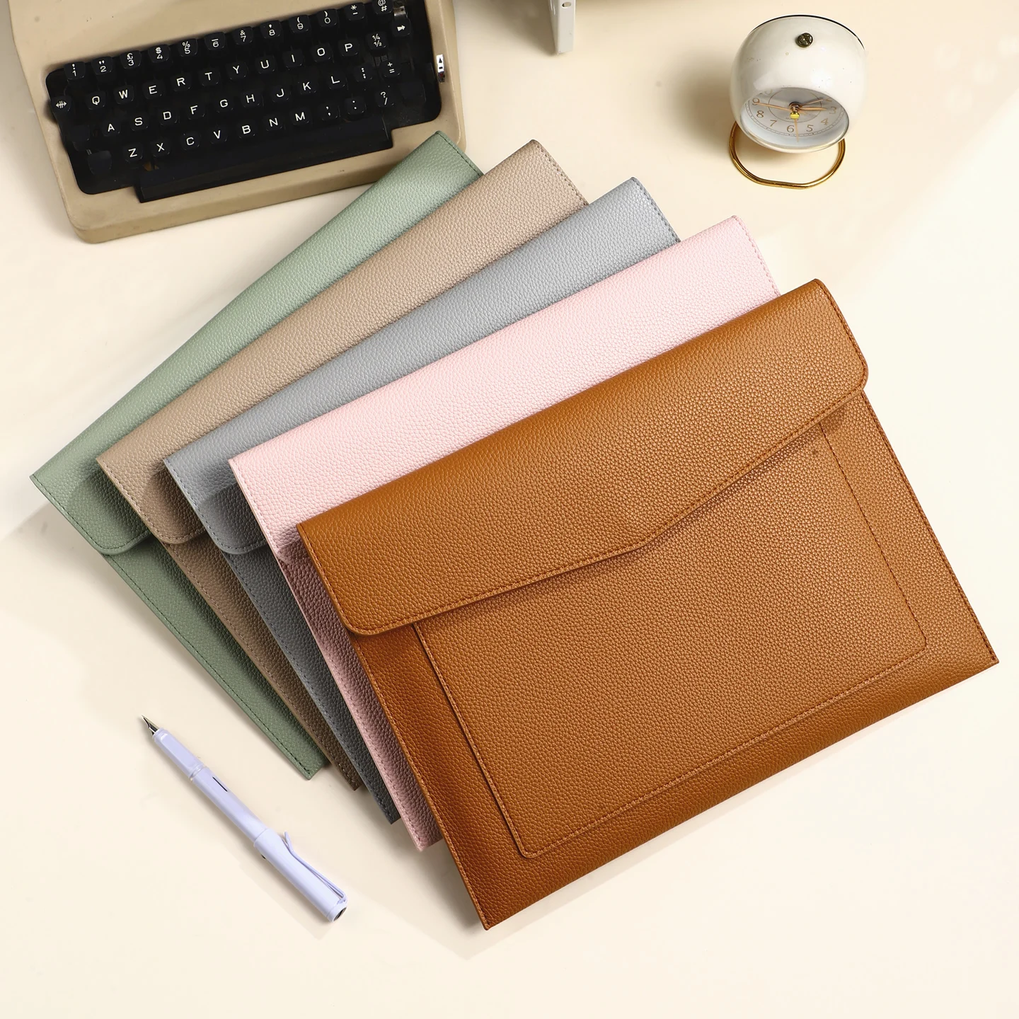 1Pc 13.4 Inch Heavy PU Leather A4 File Bag Stationery - Fashionable Office Supplies for Office & School Organization thumbnail 4