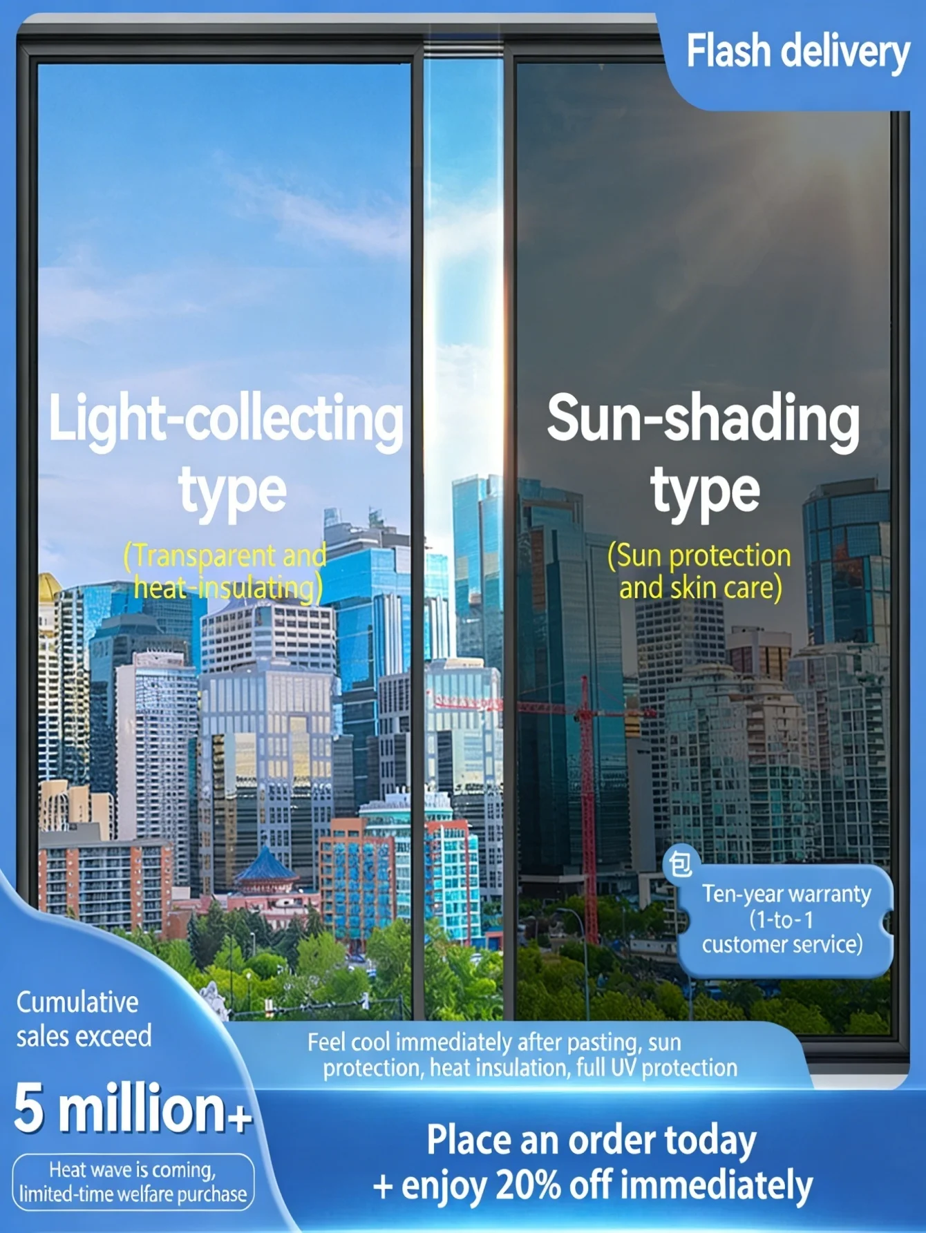 Window Sun Heat Blocking Film UV Protection Anti Glare Thermal Insulation for Home Balcony Glass Door Sunlight Control