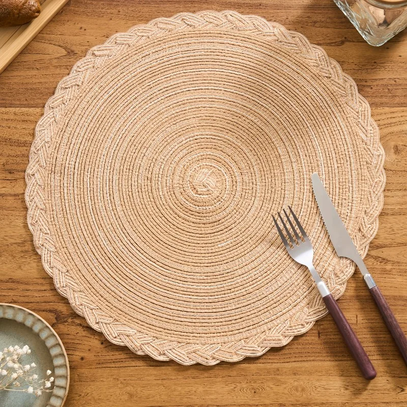 Round Woven Placemats with Lace Trim, 29.97 cm - Solid Color Options, Retro Style Kitchen Table Decor Mats thumbnail 6