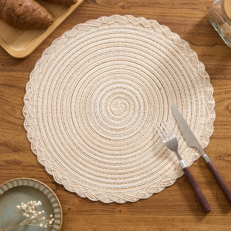Round Woven Placemats with Lace Trim, 29.97 cm - Solid Color Options, Retro Style Kitchen Table Decor Mats thumbnail 3
