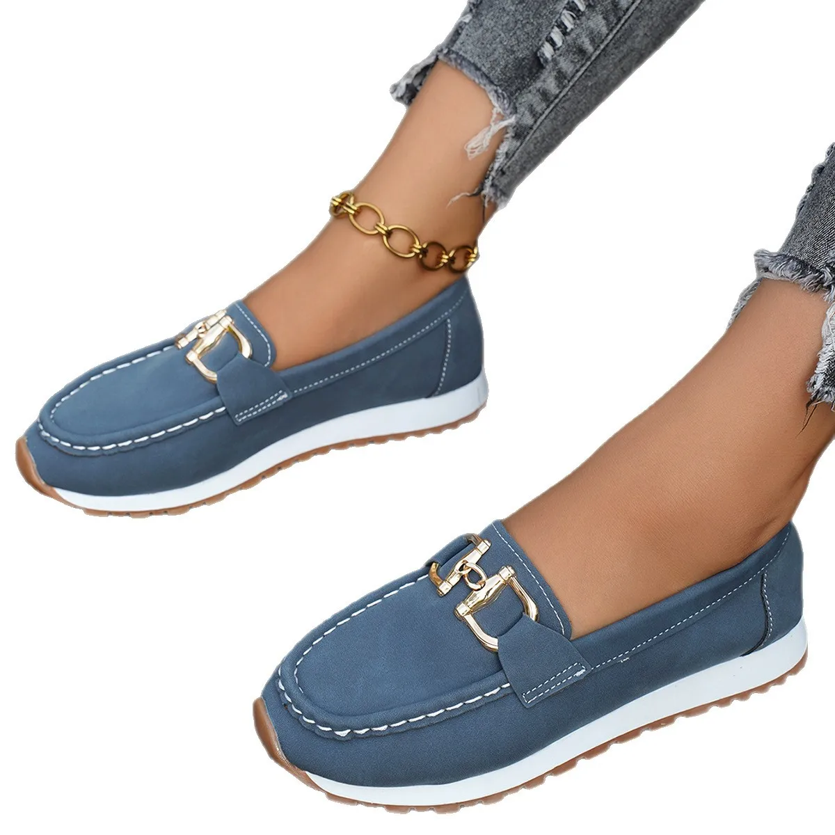 Fashionable Metal Buckle Lightweight Slip-On Shoes for Women Low Heel round Toe Rubber Bottom Breathable Casual Loafers thumbnail 5