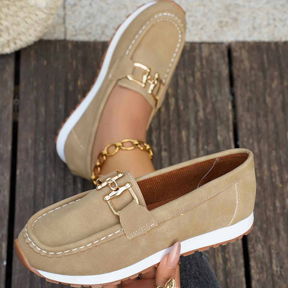 Fashionable Metal Buckle Lightweight Slip-On Shoes for Women Low Heel round Toe Rubber Bottom Breathable Casual Loafers thumbnail 3
