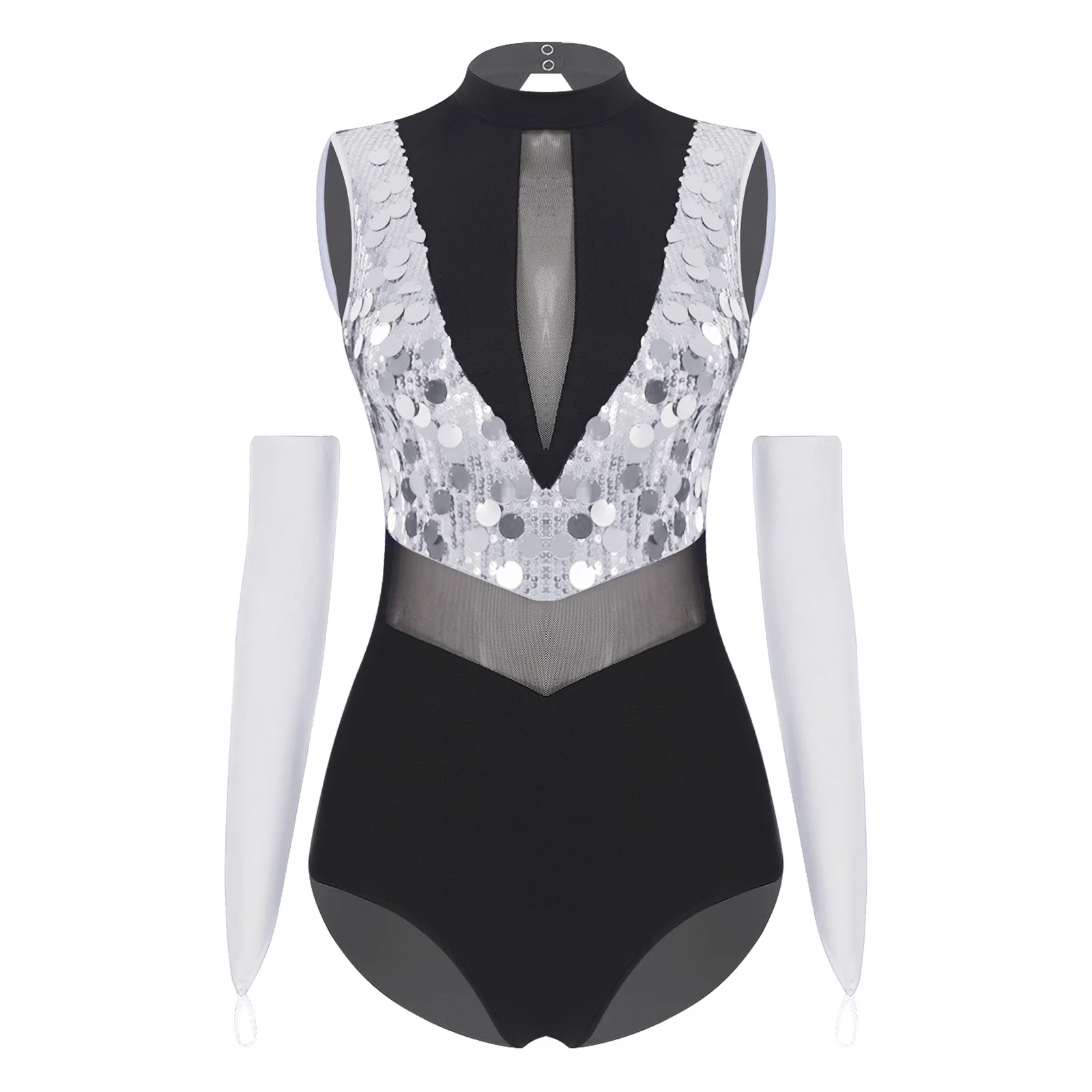 Womens Shiny Sequin Leotard Gymnastics Jazz Latin Dance Performance Costume Sheer Mesh Sparkling Sequins Bodysuit with Gloves thumbnail 4