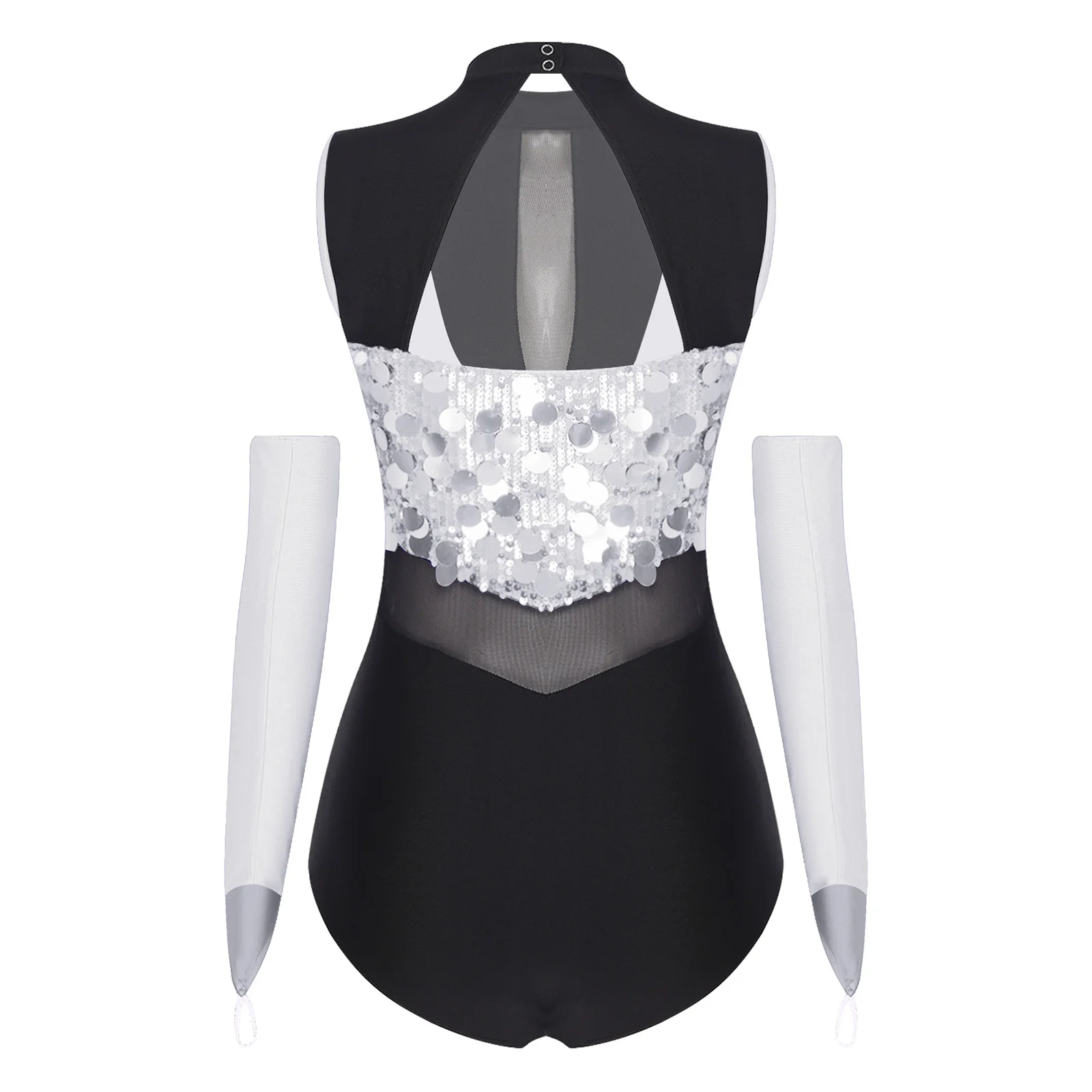 Womens Shiny Sequin Leotard Gymnastics Jazz Latin Dance Performance Costume Sheer Mesh Sparkling Sequins Bodysuit with Gloves thumbnail 5
