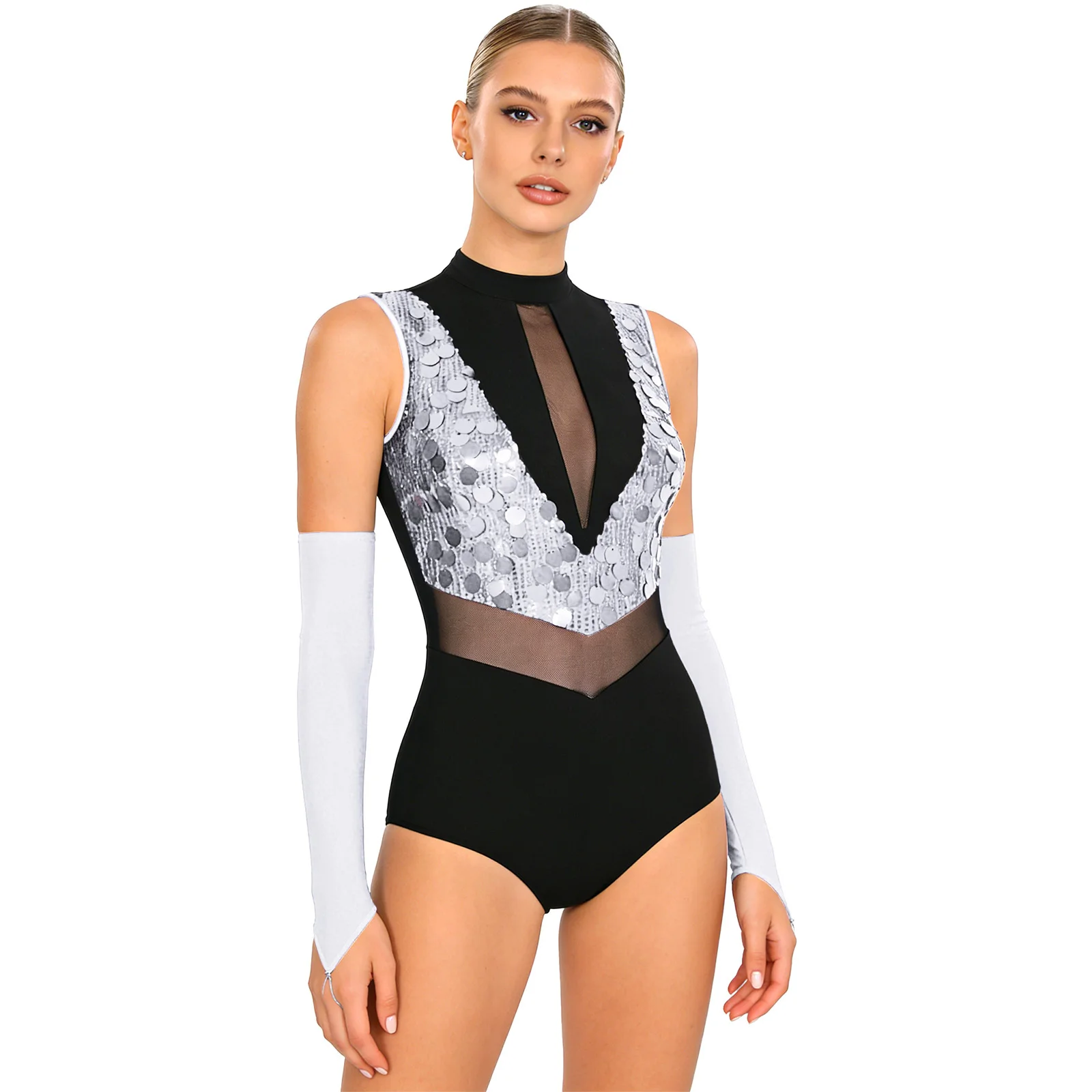 Womens Shiny Sequin Leotard Gymnastics Jazz Latin Dance Performance Costume Sheer Mesh Sparkling Sequins Bodysuit with Gloves thumbnail 3