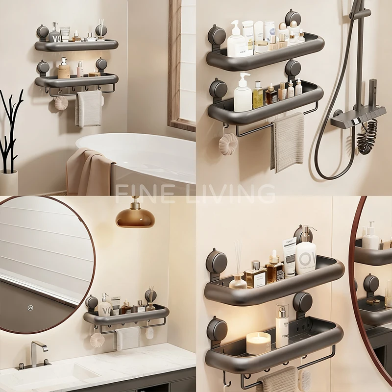 Suction Cup Bathroom Towel Rack Space Aluminum Wall-Mounted Minimalist Multi-Functional Storage Shelf No Drilling Required thumbnail 2