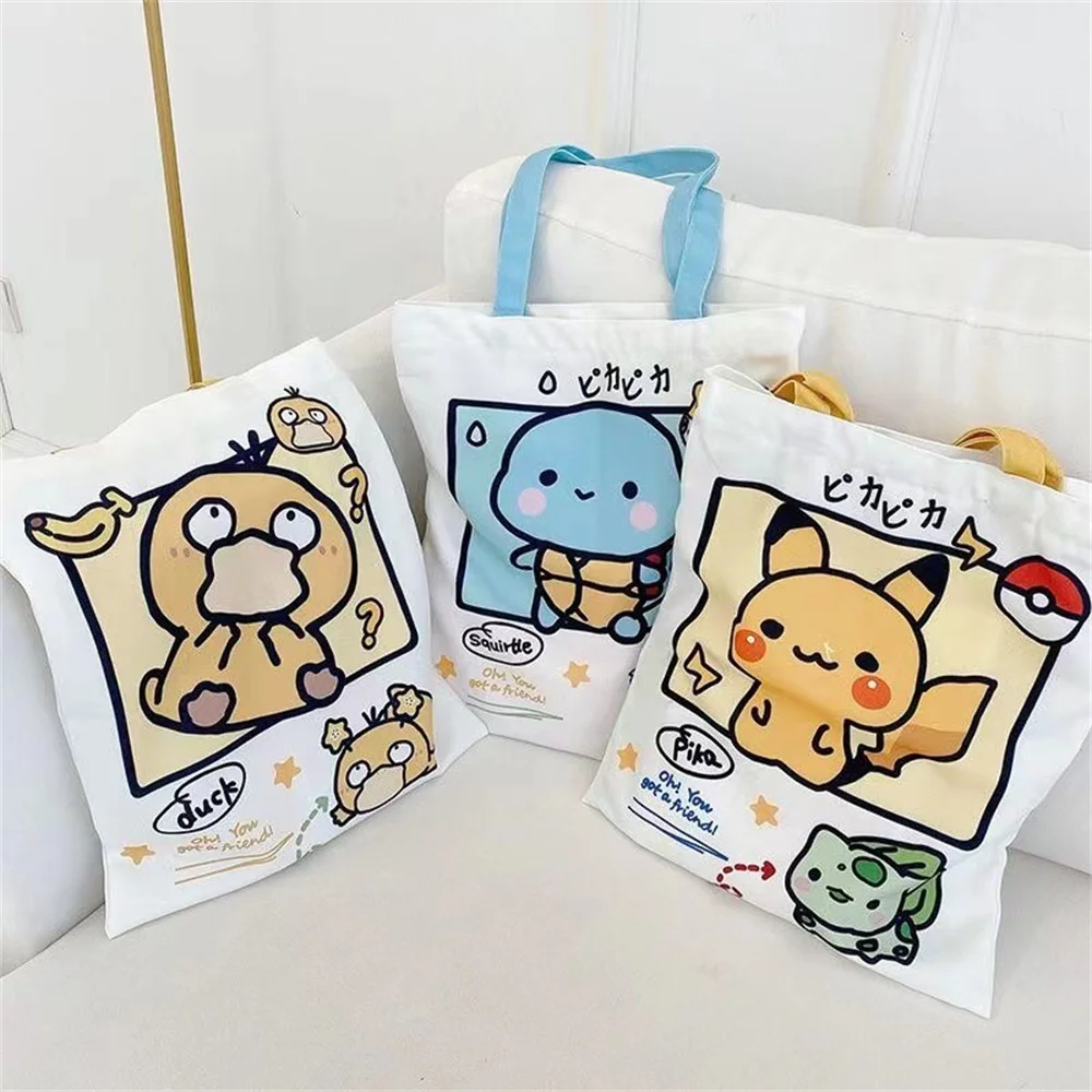 Pikachu Pokemon Canvas Tote Kawaii Psyduck Cute Autumn/Winter Daily Portable Handbag Shopping Grocery Reusable School Gifts ﻿