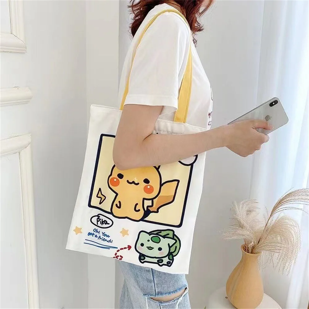 Pikachu Pokemon Canvas Tote Kawaii Psyduck Cute Autumn/Winter Daily Portable Handbag Shopping Grocery Reusable School Gifts ﻿ thumbnail 2