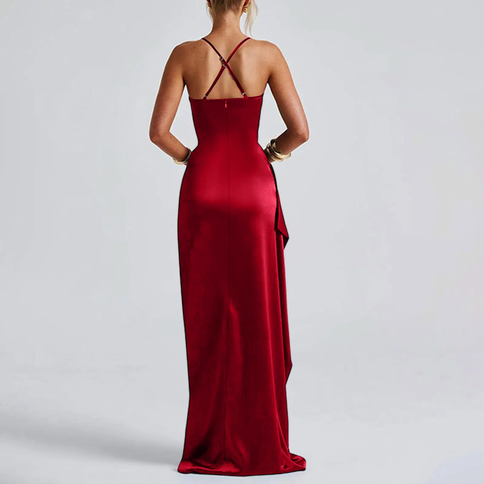 Women's Fashion Elegant Fitted Pleated Slit Satin Gown Solid Color Sleeveless Backless Long Dresses Summer Satin Party Dress thumbnail 2