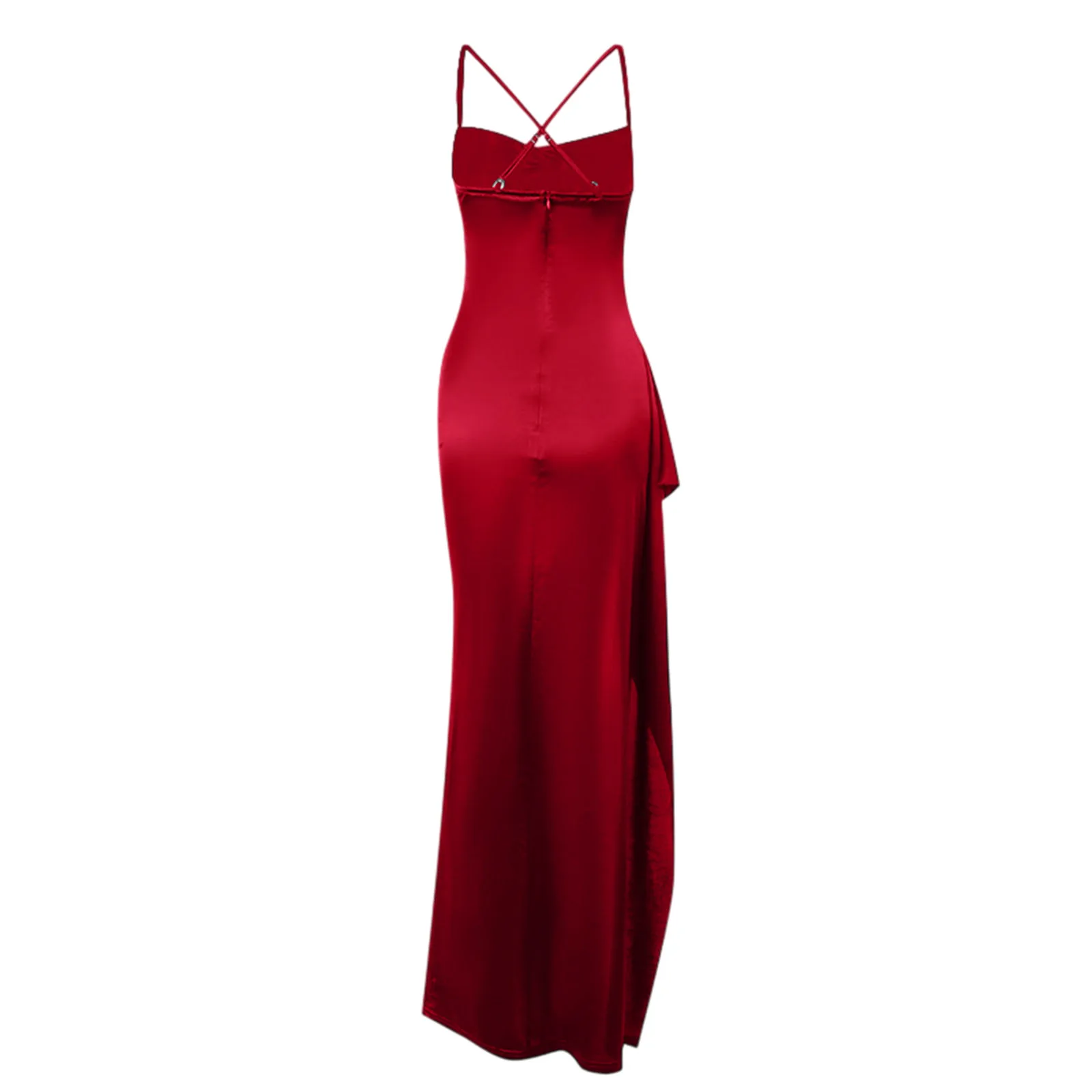 Women's Fashion Elegant Fitted Pleated Slit Satin Gown Solid Color Sleeveless Backless Long Dresses Summer Satin Party Dress thumbnail 4
