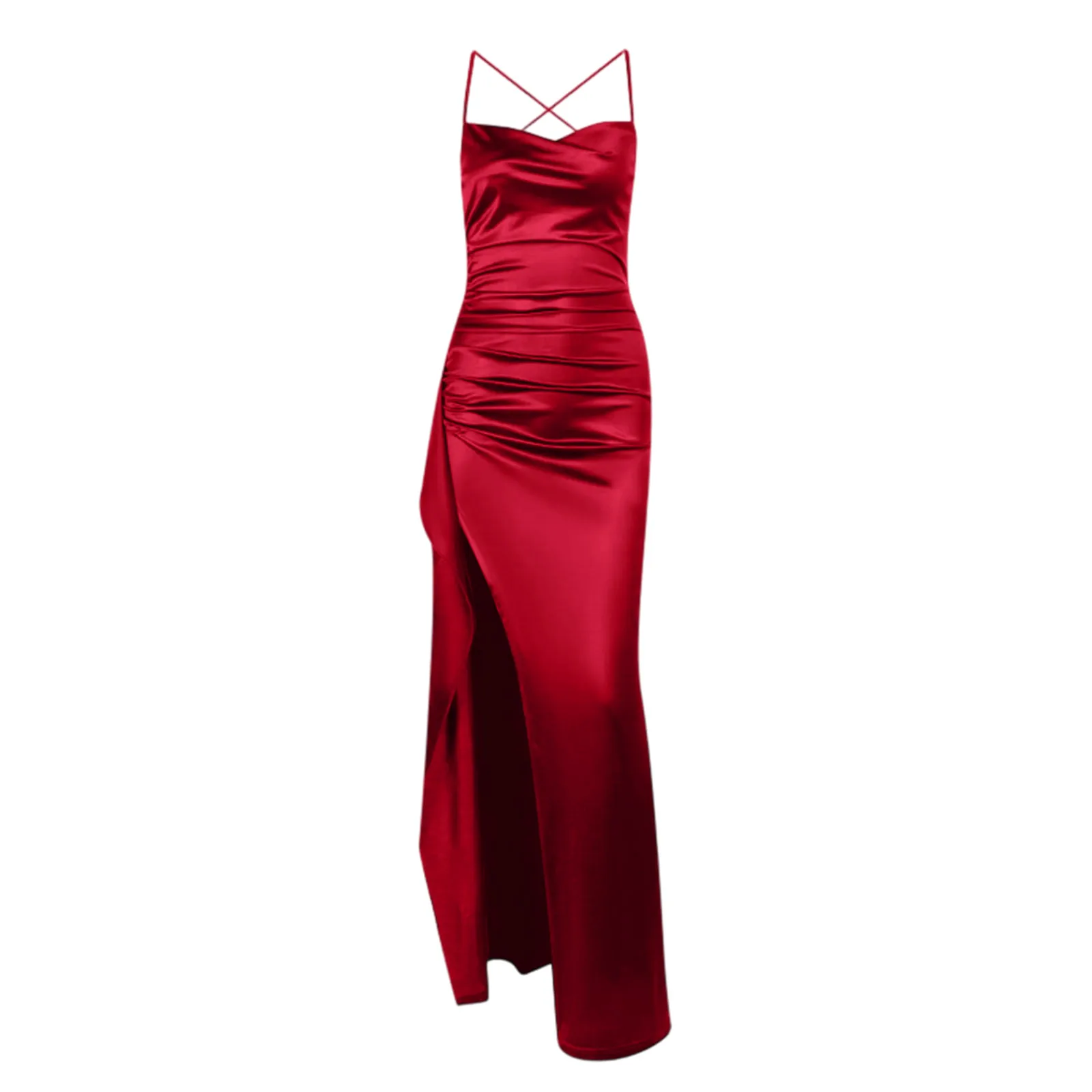 Women's Fashion Elegant Fitted Pleated Slit Satin Gown Solid Color Sleeveless Backless Long Dresses Summer Satin Party Dress thumbnail 3