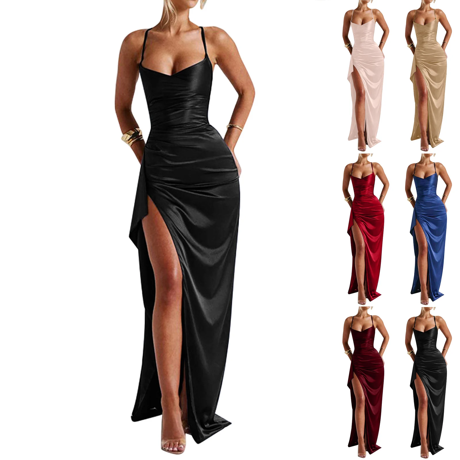 Women's Fashion Elegant Fitted Pleated Slit Satin Gown Solid Color Sleeveless Backless Long Dresses Summer Satin Party Dress thumbnail 6