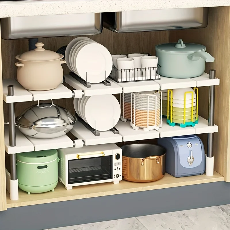 Adjustable Under-Sink Storage Rack - Stainless Steel Multi-Layer Space-Saving Storage Rack, Suitable for Kitchen and Bathroom Cabinets, Durable Wood-Free Design, Easy to Install, Multifunctional Under-Sink Shelf, Ideal Placement for Cookware and Cleaning Tools, Can Be Purchased in Multiple Stackable Units thumbnail 6