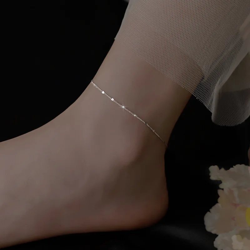 S925 Silver Ankle Bracelet for Women Elegant Minimalist Small Silver Piece Single Chain Ankle Jewelry Sweet Noble Feeling