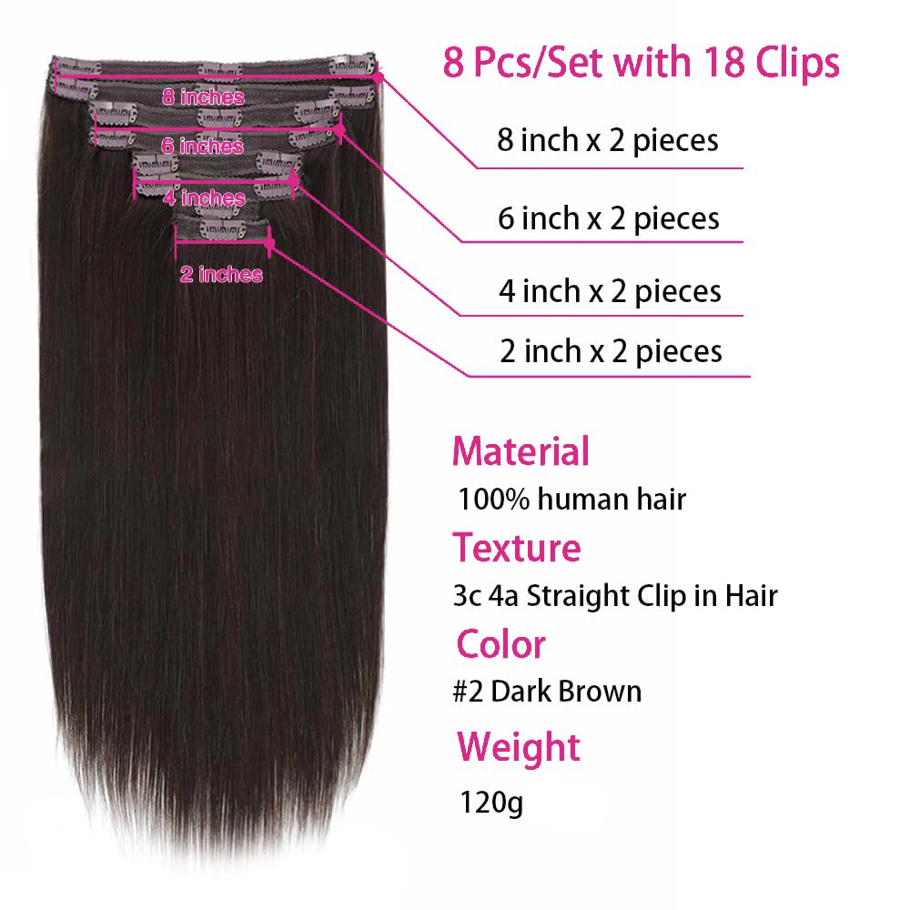 Clip In Hair Extensions Straight Human Hair Dark Brown Clip In Extensions Real Human Hair Extensions 8Pcs Clip Ins With 18 Clips thumbnail 2