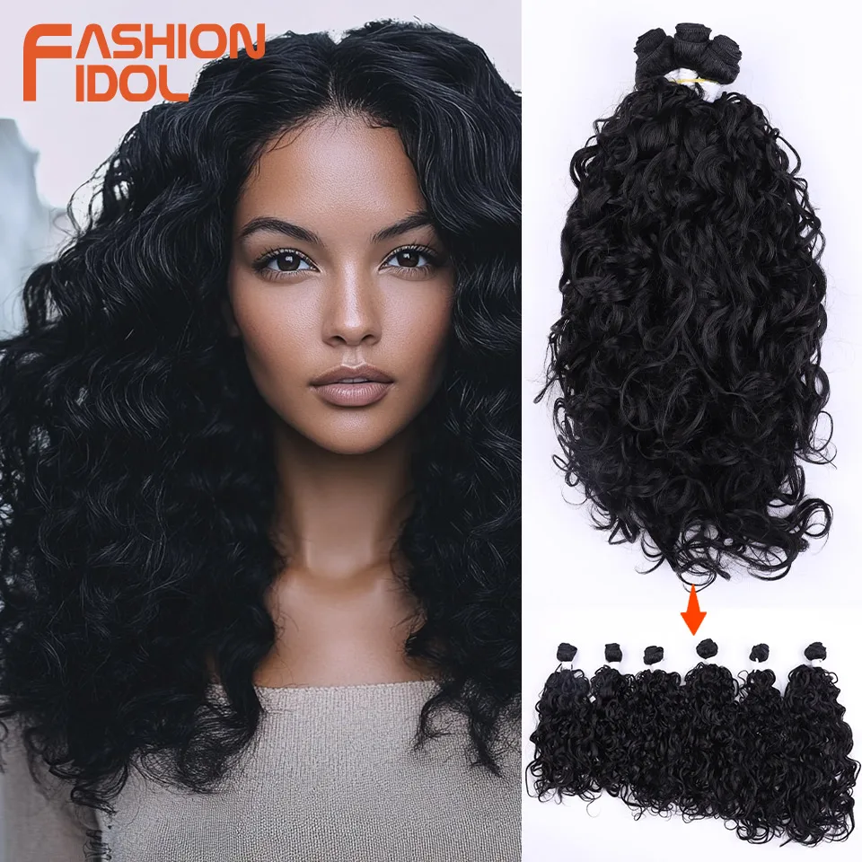 FASHION IDOL 18-22inch 220g/6Pcs Deep Wave Hair Synthetic Weave Hair Bundles Ombre Brown High Temperature Fiber Hair Extensions