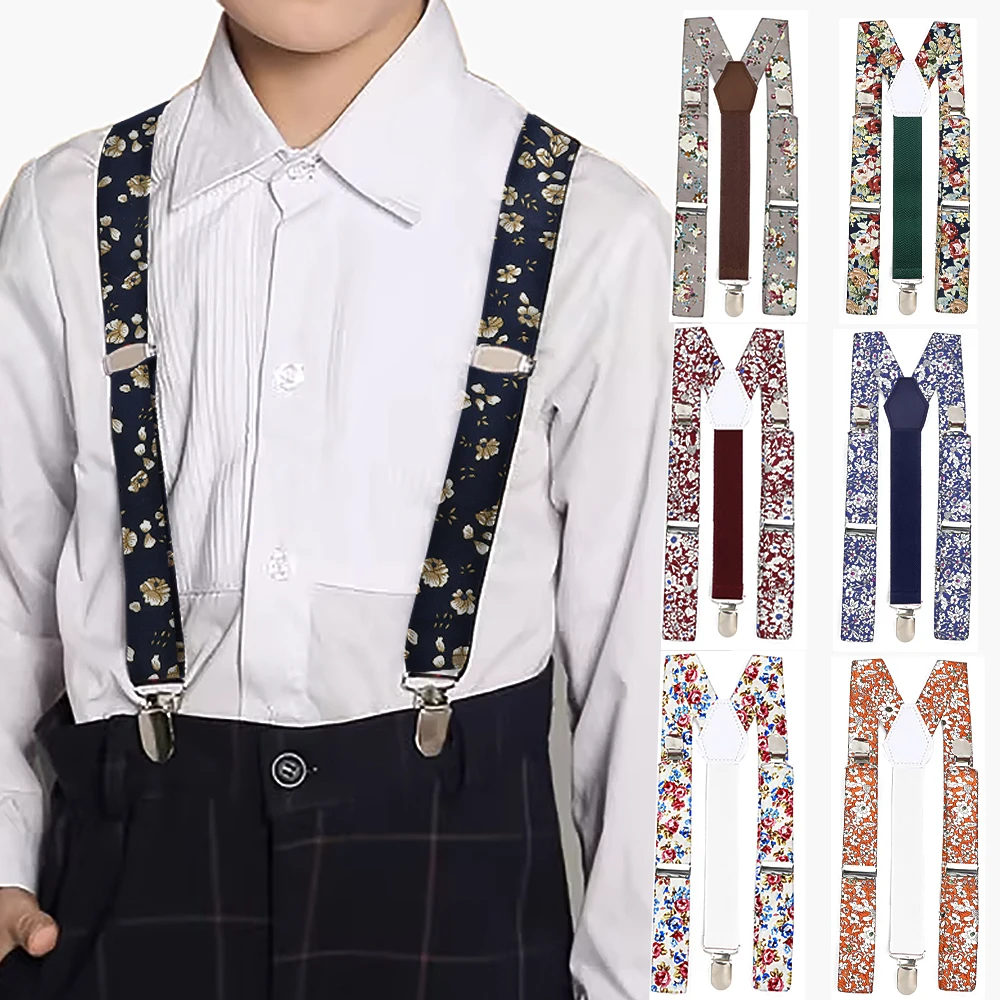Printed Floral Cotton Kids Suspenders Clip-on Straps Adjustable Elastic Y-Back Braces Children Boy Girl Braces Wedding Accessory