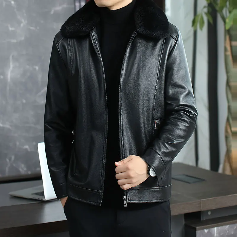 High-End Men's Winter Leather Jacket Thickened Fleece Lined Fur Integrated Business Gentleman Style Zipper Closure Casual Out...