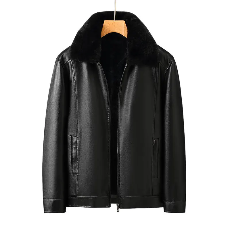 High-End Men's Winter Leather Jacket Thickened Fleece Lined Fur Integrated Business Gentleman Style Zipper Closure Casual Out... thumbnail 5