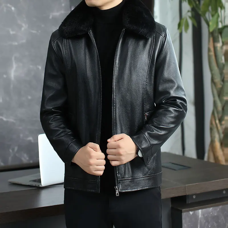 High-End Men's Winter Leather Jacket Thickened Fleece Lined Fur Integrated Business Gentleman Style Zipper Closure Casual Out... thumbnail 3