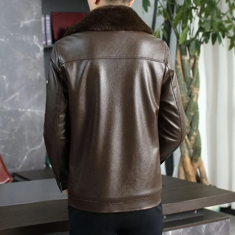 High-End Men's Winter Leather Jacket Thickened Fleece Lined Fur Integrated Business Gentleman Style Zipper Closure Casual Out... thumbnail 4